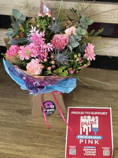 Paint it Pink - 10% of every Paint It Pink Hand-Tied Bouquet sold will be donated to Prevent Breast Cancer.

Frodsham has turned pink with ribbons, bunting, and shop displays throughout the town, inspiring our beautiful Paint It Pink Hand-Tied Bouquet.

Featuring a lovely selection of pink blooms, this special bouquet is a wonderful way to show your support for an important cause while brightening someone's day.